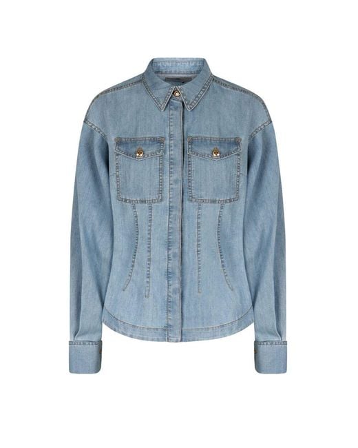 Elisabetta Franchi Blue Seiden Denim Hemd Mit Kontrastnähten