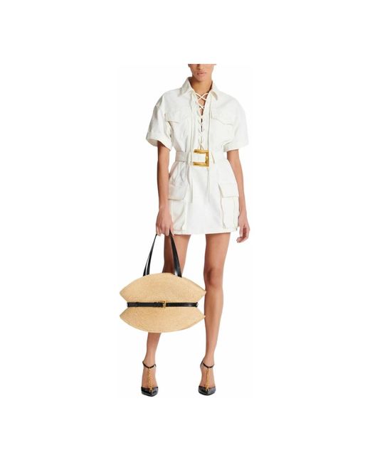 Balmain Kleedjes ,Wit ,Katoen Korte Vetersluiting Canvas Jurk in het White