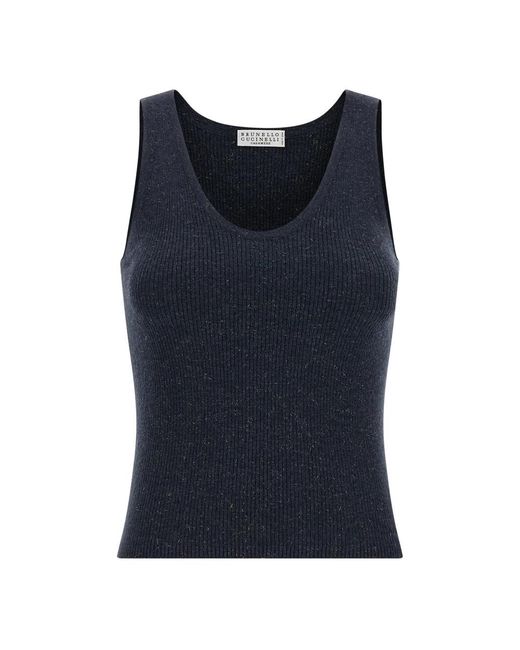 Brunello Cucinelli Ribbed Sparkling Tank Top in het Blue