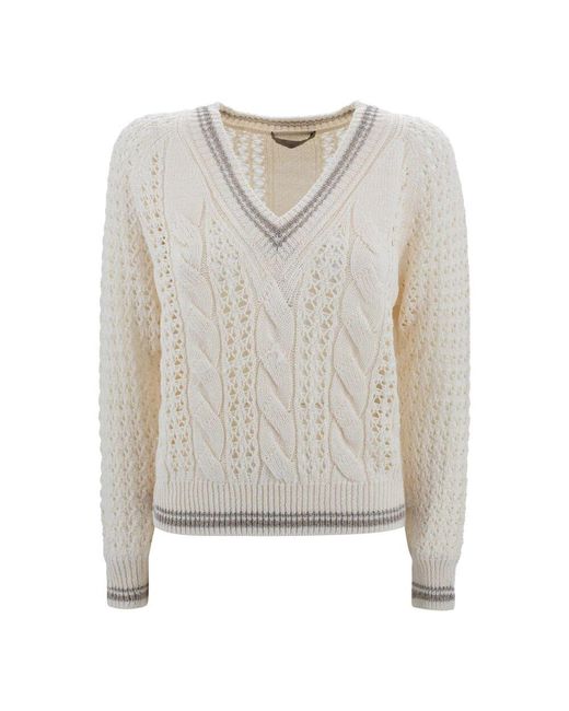 D.exterior White Ivory Zopfmuster V-Ausschnitt Pullover Mit Lurex