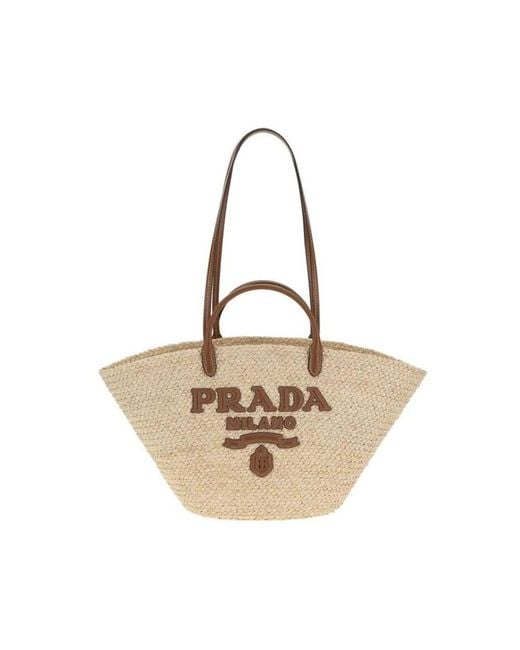 Prada Natural Gewebte Raffia-Tote-Tasche Mit Lederriemen