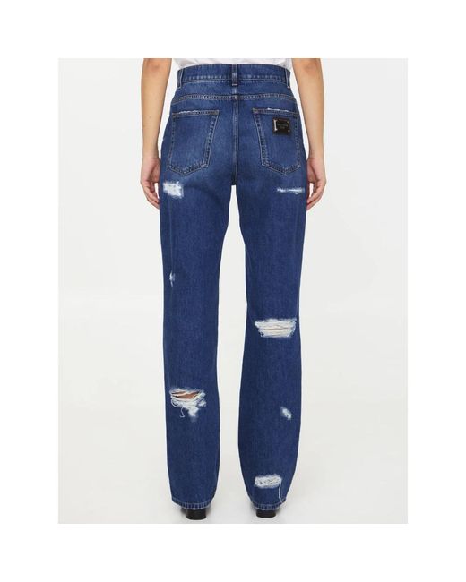 Dolce & Gabbana Blue Zerrissene leo print wide-leg jeans