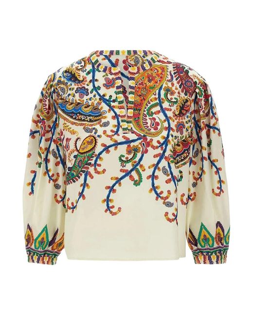 Etro White Baumwollbluse Mit Platziertem Blumen-Paisley-Print