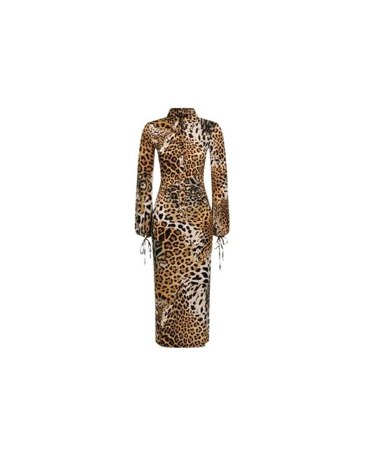 Roberto Cavalli Kleedjes ,Veelkleurig ,Luipaardprint Midi Jurk in het Metallic