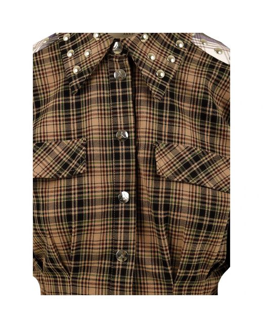 Akep Overhemden ,Veelkleurig ,Leer Studded Check Fabric Bustier Shirt in het Green