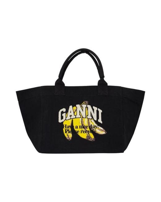 Ganni Black Schwarze Baumwoll Shopper Tasche