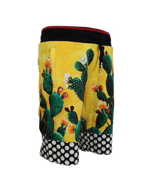 Dolce & Gabbana Yellow Multicolor Cactus Print Cotton Sweat Shorts for men