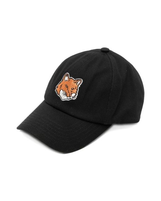 Maison Kitsuné Accessoires ,Zwart ,Zwarte Gebogen Piek Geborduurd Logo Hoed in het Black voor heren