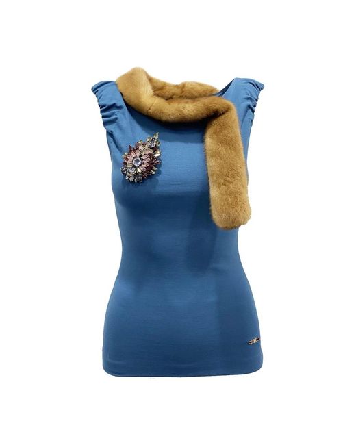 DSquared² Tops ,Blauw ,Mink Collar Sleeveless Top in het Blue