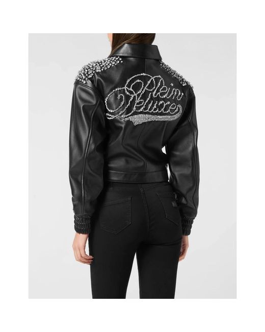 Philipp Plein Jassen ,Zwart ,Leer Boxy Cargo Bomber Deluxe Signature in het Black