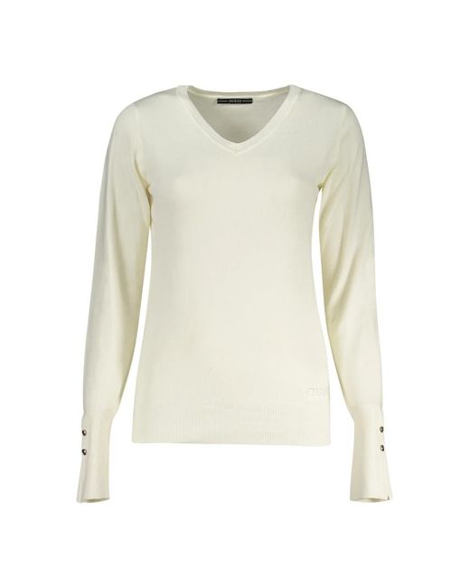 Guess White V-Neck Knitwear