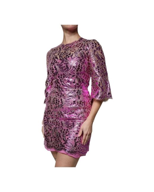 Dolce & Gabbana Purple Metallisches Fuchsia Blumen Etuikleid Mini