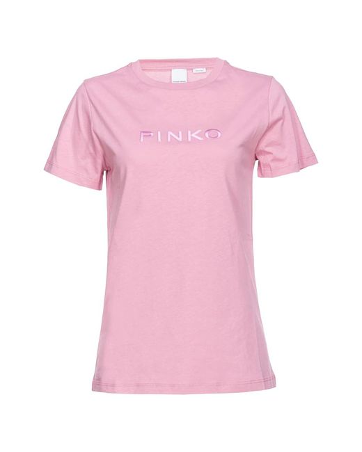 T-shirt in cotone con ricamo logo di Pinko in Pink