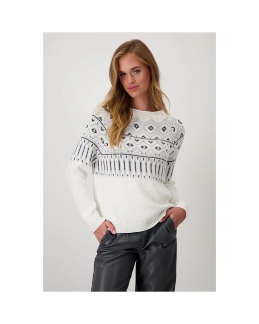 Monari White Strickpullover Aus Baumwollmischung Mit Norwegermuster