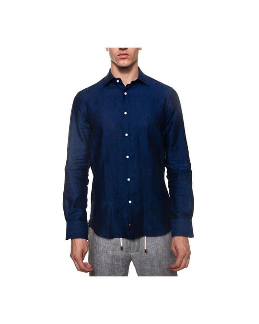 Camicia in lino italiano con bottoni a contrasto di Carrel in Blue da Uomo