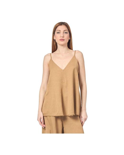 Manila Grace Natural Braunes Leinenmischung Flared Tank Top