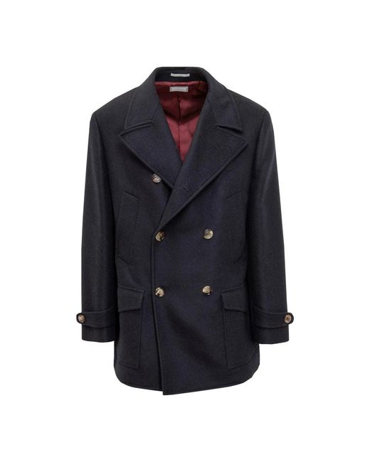 Brunello Cucinelli Double-Breasted Peacoat in het Blue voor heren