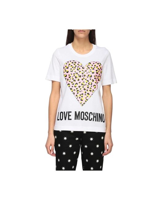 Love Moschino White Crewneck t-shirt mit animalier heart print