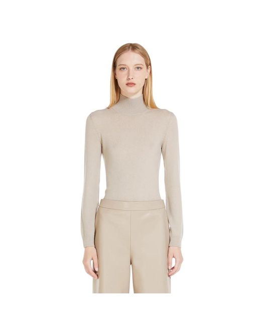 Max Mara Truien & Vesten ,Grijs ,Wol Jersey High Neck Ribgebreide Trui in het Natural