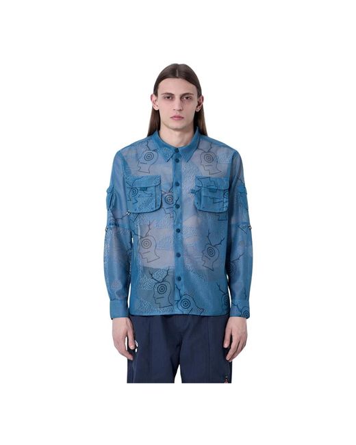 Brain Dead Overhemden ,Blauw ,Polyester Logo Print Mesh Fishing Shirt in het Blue voor heren