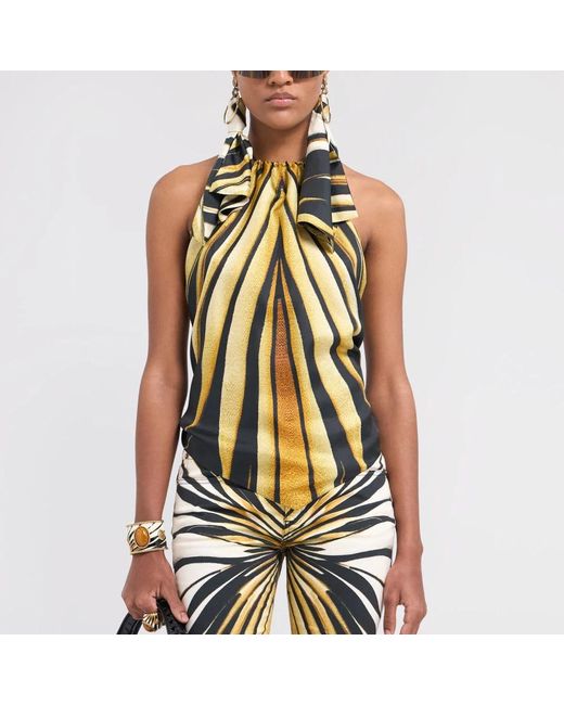Roberto Cavalli Gouden Print Zijden Top Sjaal in het Metallic