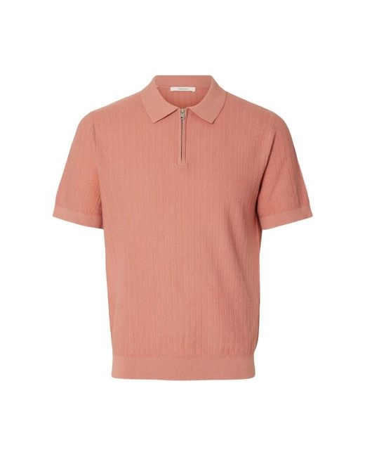 SELECTED Slhcran Ss Knit Structure Zip Polo in het Pink voor heren