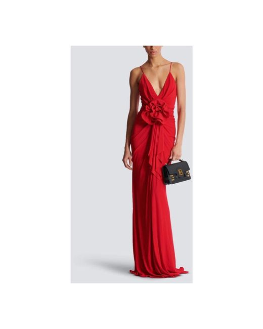 Balmain Red Langes faltenkleid mit blume