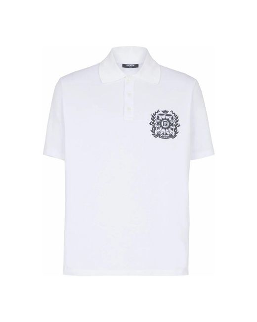 Balmain Tops ,Wit ,Katoen Katoenen Poloshirt Met Écusson-Print in het White voor heren