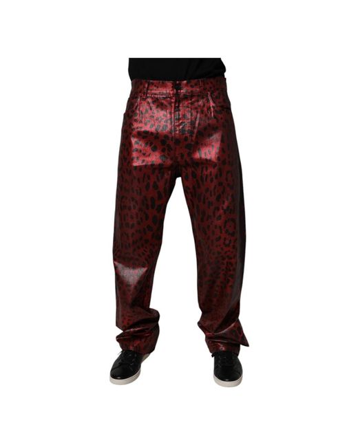 Dolce & Gabbana Rote Leopard Straight Denim Jeans in Red für Herren