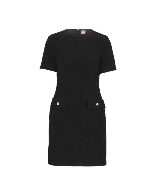 HUGO Black Kurzarm Tweed Kleid Mit Knopftaschen