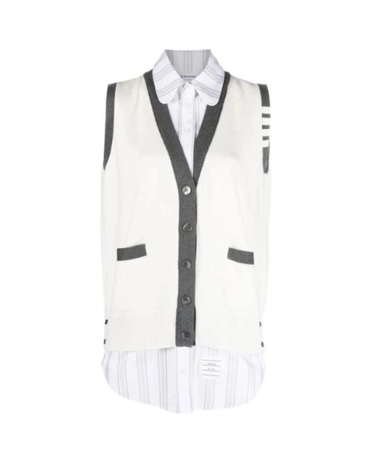 Cardigan in cotone a strati striscia verticale di Thom Browne in White