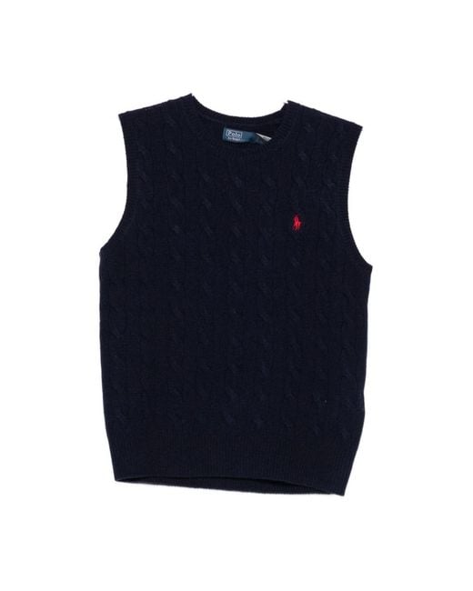 Polo Ralph Lauren Blue Blauer Ärmelloser Pullover Mit Zopfmuster