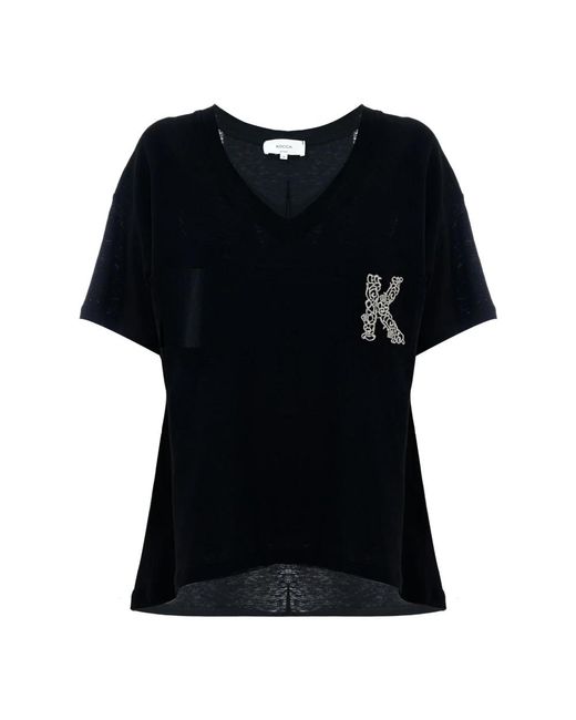Kocca Geborduurde T-Shirt Met V-Hals Van Linnenmix in het Black