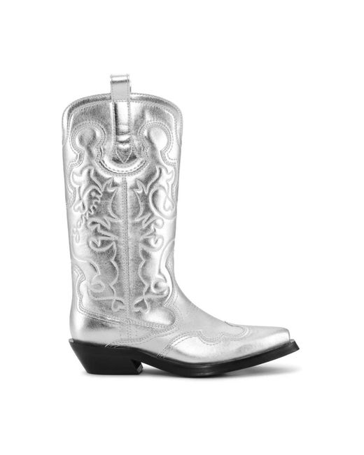 Ganni Gray Silberne Metallic-Bestickte Schlupfstiefel