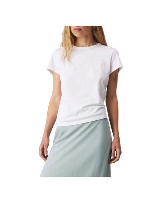 Calvin Klein Tops ,Wit ,Katoen Satin Slim T-Shirt Elegant Modern in het White