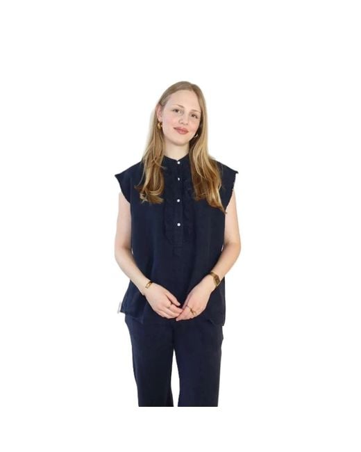 SOSUE Blue Leinenbluse mit stehkragen,leinen ärmellose bluse mit rüschen