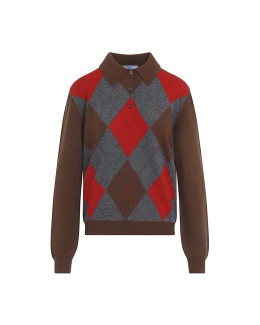 Prada Red Argyle Strick-Polo-Pullover