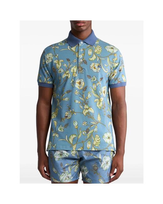 Etro Blue Printed Short Sleeve Polo Shirt for men