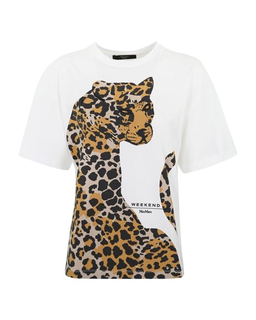 T-shirt in cotone con stampa leopardata di Weekend by Maxmara in White