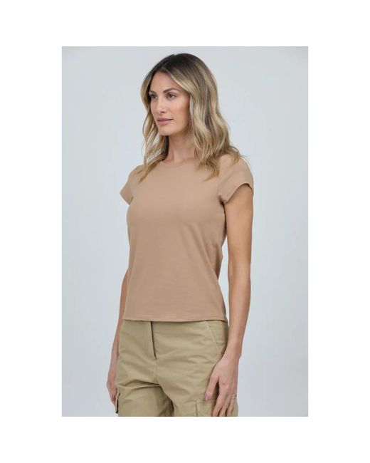 Alpha Studio Tops ,Bruin ,Jersey Ronde Hals T-Shirt in het Natural