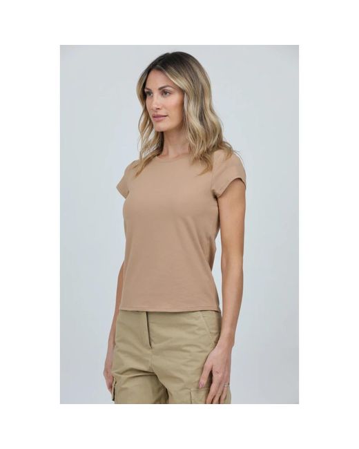 Alpha Studio Tops ,Bruin ,Jersey Ronde Hals T-Shirt in het Natural