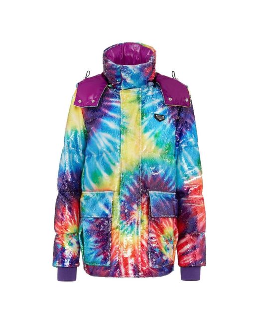 Philipp Plein Jassen ,Veelkleurig ,Nylon Sequin Encrusted Tie-Dye Oversize Bomber Jacket in het Blue