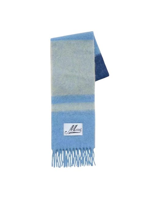 Marni Blue Blau Gestreifter Fransenschal