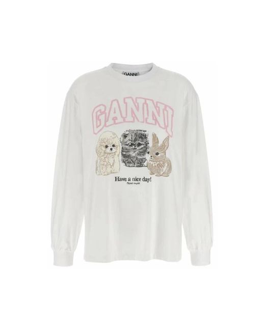 Ganni Long Sleeve Tops in het White