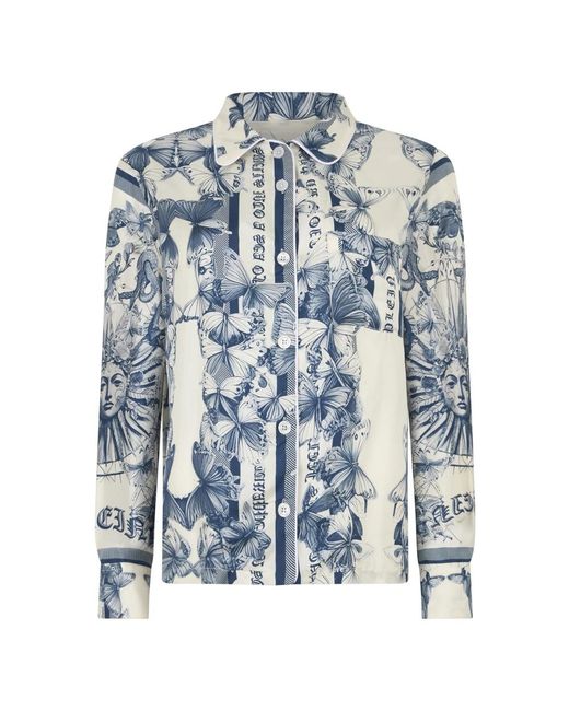 Philipp Plein Overhemden ,Blauw ,Silk Pajama Shirt Butterfly Tattoo in het Blue