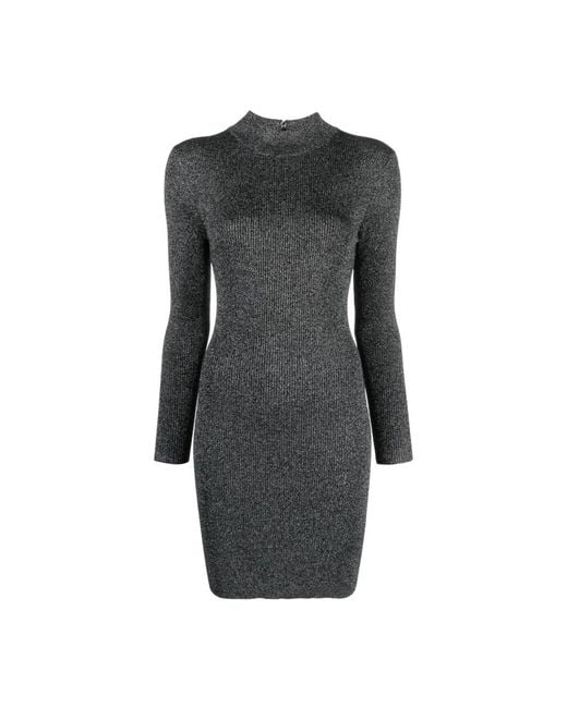 Michael Kors Kleedjes ,Grijs ,Nylon Metallic Rib Gebreide Mock Neck Jurk Met Stretch in het Black
