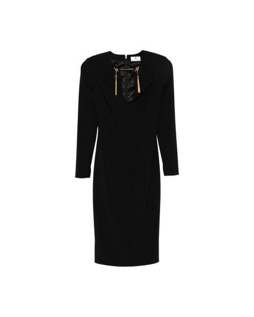Elisabetta Franchi Zwarte Jurk Met Lange Mouwen En Gouden Versieringen in het Black