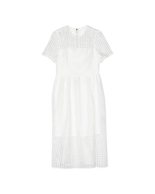 DKNY White Spitze juwel hals midi kleid beige,schwarzes spitzen juwel hals midi kleid
