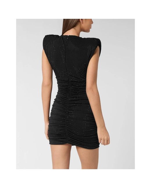 Philipp Plein Kleedjes ,Zwart ,Polyester Jersey Mini Jurk Strass Signature in het Black