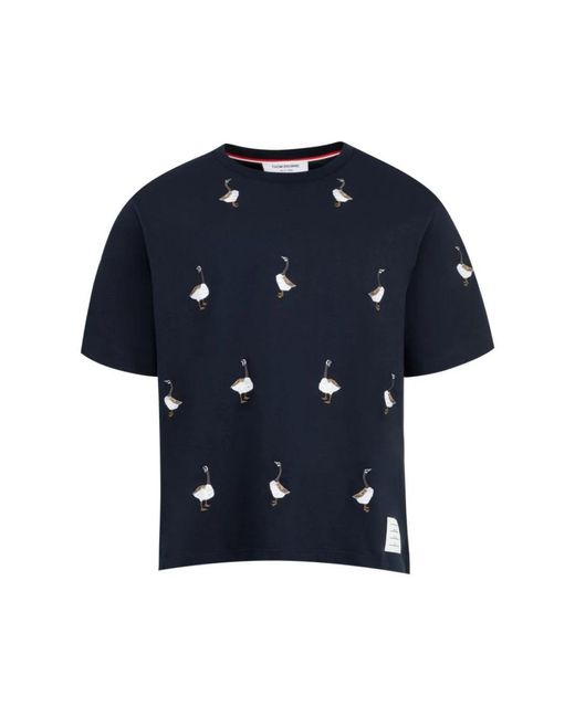 Thom Browne Tops ,Blauw ,Katoen Geese Print Jersey T-Shirt in het Blue